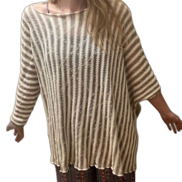 Georgina Estefania LINEN/COTTON LOOSE WEAVE STRIPE asymmetrical ARM top M - Picture 16 of 16